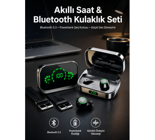 TWS Bluetooth Kulaklık ve Akıllı Saat Uyku Takibi Nabız Ölçer Uzun Pil Ömrü
