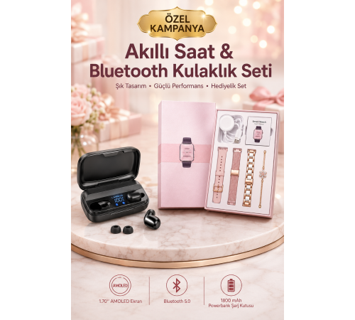 Aksesuar Hediyeli Akıllı Saat ve Dijital Göstergeli Powerbankli Bluetooth Kulaklık