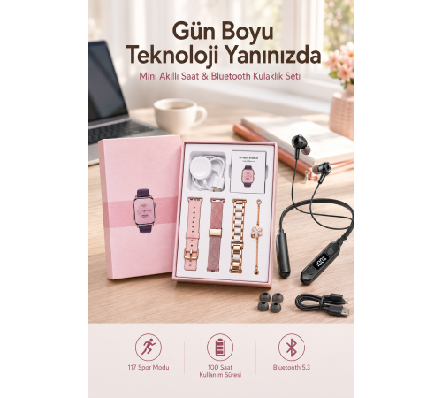 Kablolu Bluetooth Kulaklık ve Kadınlara Özel Bileklik Hediyeli Yeni Nesil Akıllı Saat 3 Kordonlu