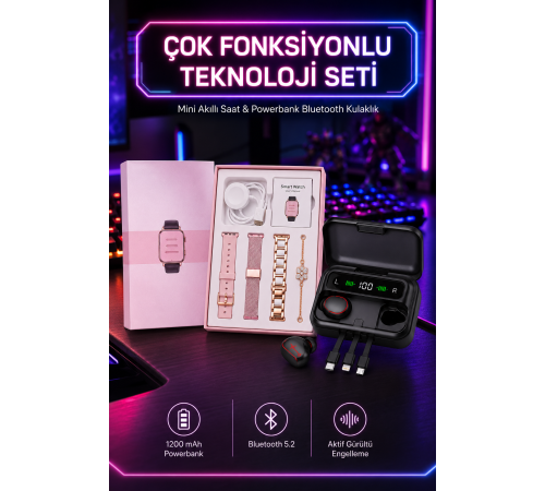 Powerbank Özellikli Bluetooth Kulaklık ve Nabız Ölçer Akıllı Saat Bileklik Hediyeli