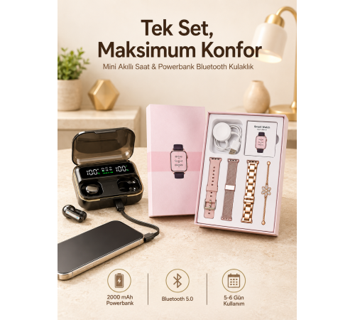 Bileklikli Amoled Ekran Akıllı Saat ve Dijital Göstergeli Kablosuz Bluetooth Kulaklık ANC/ ENC