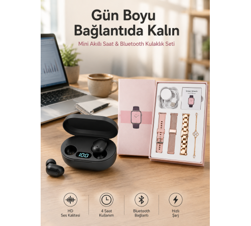 Nabız Ölçer Hediye Bileklikli Akıllı Saat ve Dijital Göstergeli Bluetooth Kulaklık Çoklu Şarj Girişi