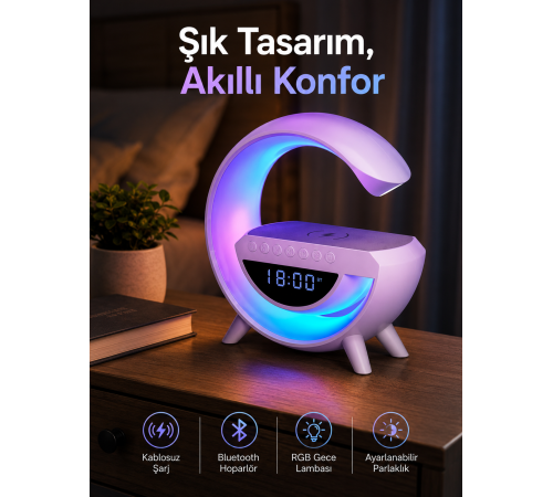 Bluetooth Hoparlör 15W Kablosuz Hızlı Şarj LED Gece Lambası