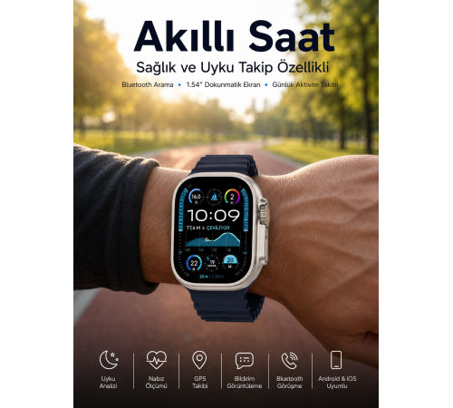Akıllı Saat Bluetooth Bağlantılı NFC ve GPS Uyumlu Nabız Ölçer Sesli Görüşme Yeni Nesil