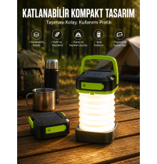 Katlanabilir Kamp Lambası Solar Fener Görünümlü 3 Kademeli Şarjlı