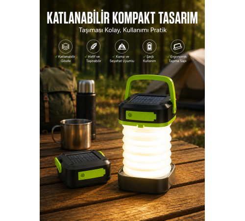 Katlanabilir Kamp Lambası Solar Fener Görünümlü 3 Kademeli Şarjlı