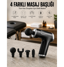 Masaj Tabancası 4 Başlıklı Kas ve Vücut Ağrıları İçin Şarjlı Darbeli