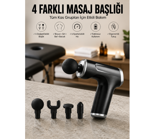 Masaj Tabancası 4 Başlıklı Kas ve Vücut Ağrıları İçin Şarjlı Darbeli