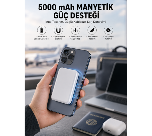 5000 Mah İOS Uyumlu Magsafe Kablosuz Şarj Hızlı Şarj Desteği