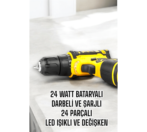 Çift Bataryalı Metal Dişli Darbeli Şarjlı Matkap Seti 24W Güç ve 24 Parça Aksesuar