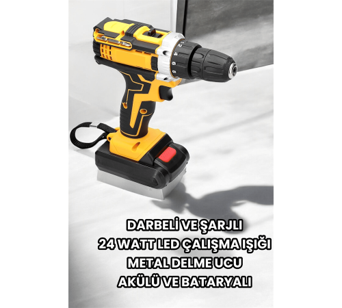 Metal Dişli 24W Akülü Matkap -Çift Bataryalı ve LED Çalışma Işığı ile Tam Set