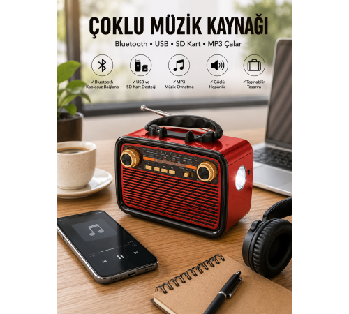 Nostaljik Radyo Bluetooth Bağlantılı Müzik Kutusu Ahşap