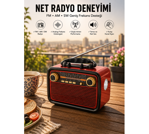 Müzik Kutusu Bluetooth Bağlantılı El Fenerli Nostaljik Tasarım Radyo