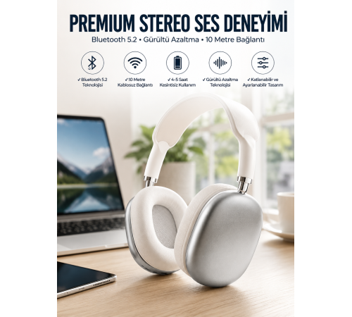 P9 Plus Kablosuz Kulak Üstü Bluetooth Kulaklık Beyaz Yüksek Ses Kaliteli
