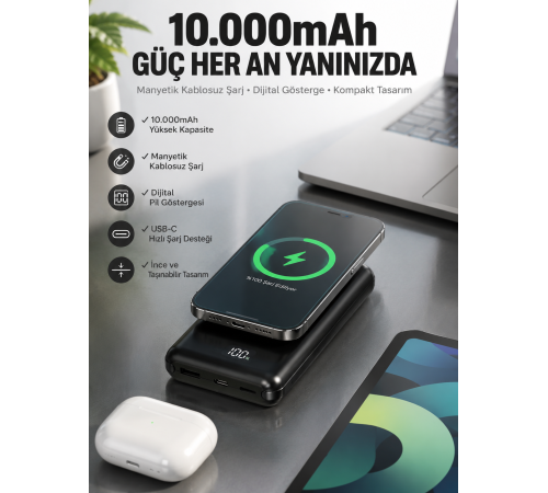 10.000 Mah Powerbank 4 Portlu Hızlı Şarj Dijital Göstergeli