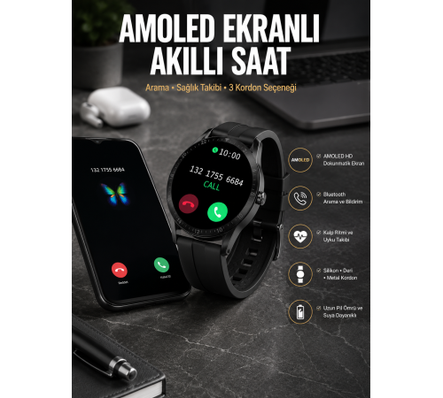 Akıllı Saat Amoled Ekran 3 Kordonlu NFC Ve GPS Uyumlu