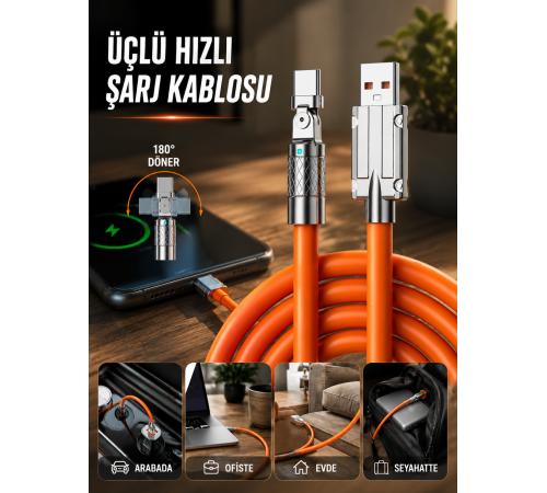 3 İn 1 Süper Hızlı Şarj Kablosu Android ve İOS Uyumlu Silikon Şarj Kablosu