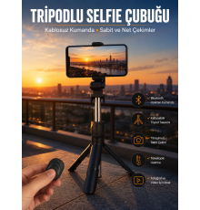 Selfie Çubuğu Tripod Kumandalı Telefon Tutucu Siyah