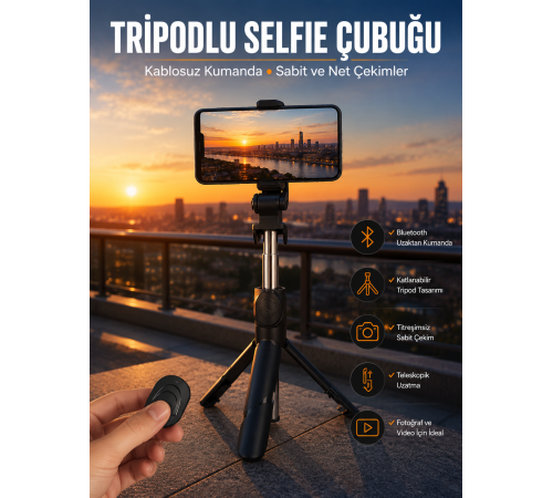 Selfie Çubuğu Tripod Kumandalı Telefon Tutucu Siyah