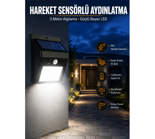 Solar Güneş Enerji Panelli Sensörlü Lamba Enerji Tasarruflu