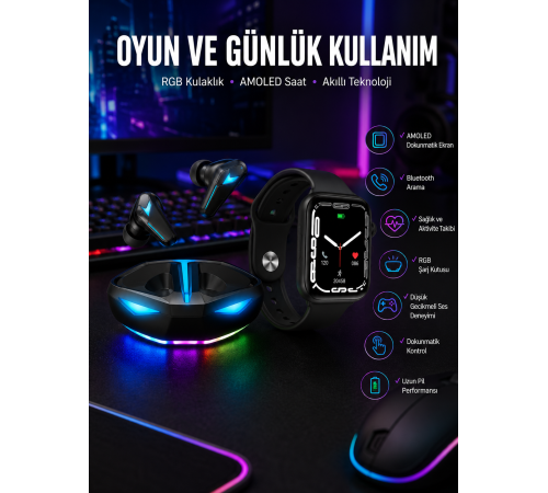 Yeni Nesil Akıllı Saat ve Kablosuz Kulaklık Kampanyası İkili Set Bluetooth Bağlantılı