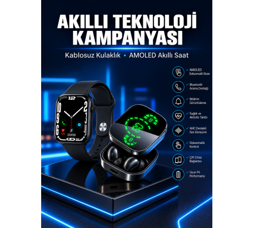 Yeni Nesil Akıllı Saat ve Ucuz Kaliteli Bluetooth Kablosuz Kulaklık Amoled Ekran