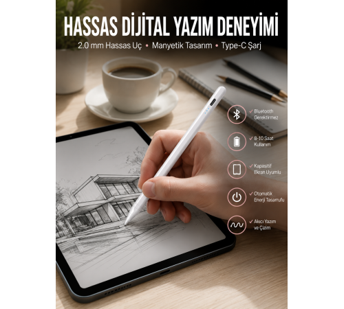 Dokunmatik Kalem Beyaz Şarjlı Yedek Uçlu Android ve İOS Uyumlu