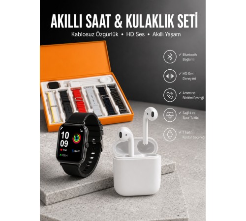 7 Kordonlu Akıllı Saat Ve 2.Nesil Kulaklık Yüksek Ses Kaliteli Uzun Pil Ömrü