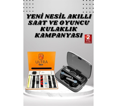 Dijital Göstergeli Powerbank Kulaklık ve 7 Kordonlu Yeni Nesil Akıllı Saat Amoled Ekran