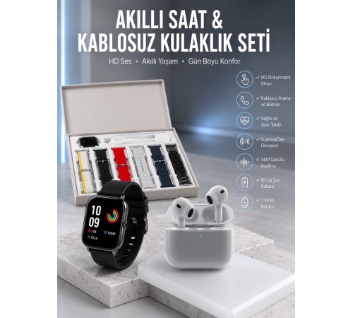 7 Kordonlu Akıllı Saat Ve 3.Nesil Kulaklık Dokunmatik Ekran Sesli Görüşme Yapabilen