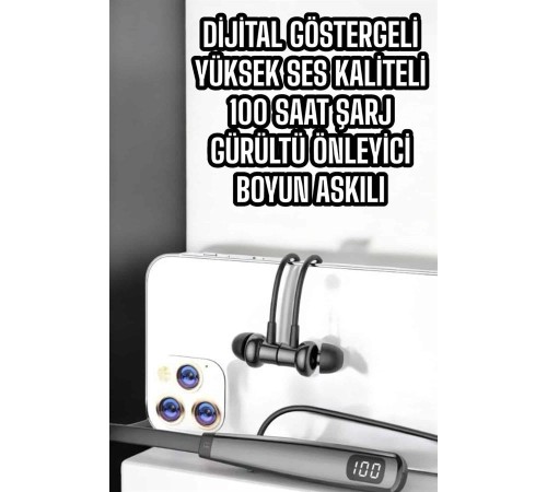 Boyun Askılı Bluetooth Kulaklık Uzun Şarj Süreli Dijital Göstergeli Kablolu