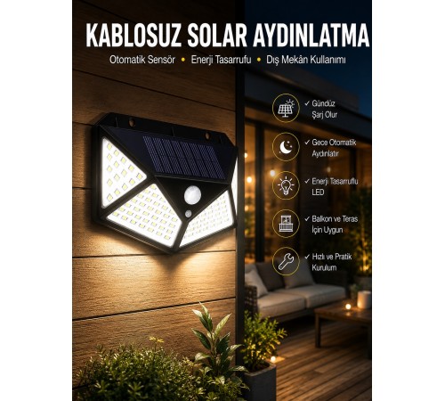 Güneş Enerjili Bahçe Aydınlatma Lambası Solar 100 Led Lamba