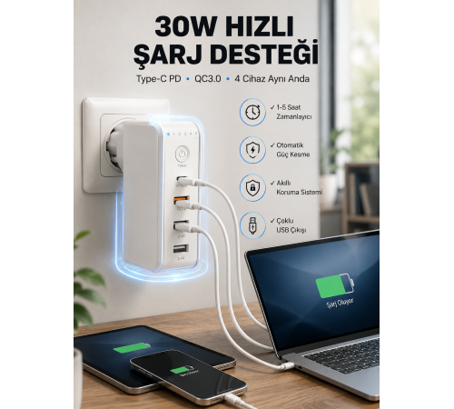 Ev ve Ofis İçin Zaman Kontrollü Çoklu Şarj Cihazı Yeni Nesil