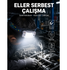 Beyaz Led Işık Sensörlü Kafa Lambası Lityum Batarya Led El Fenerli Şarjlı