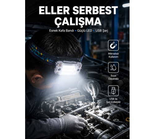 Beyaz Led Işık Sensörlü Kafa Lambası Lityum Batarya Led El Fenerli Şarjlı