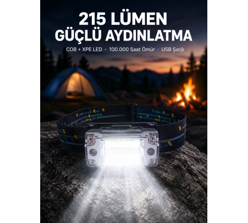 Şarj Edilebilir LED KAFA Feneri 215 Lümen XPE COB Güçlü Aydınlatma