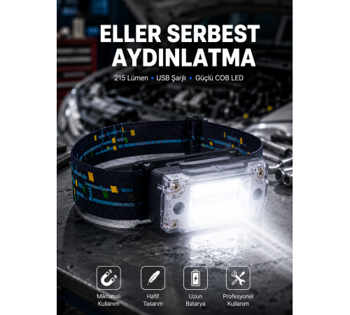 Kompakt LED Kafs Feneri USB Şarjlı Manyetik 2 Işık Modlu 215 Lümen Yeni Nesil