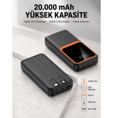Dijital Ekranlı 20.000 mAh Powerbank | 22.5W Hızlı Şarj + Çoklu Bağlantı Seçeneği Yeni Nesil