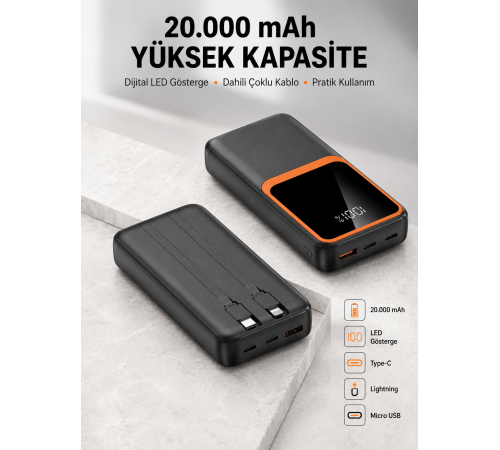 Dijital Ekranlı 20.000 mAh Powerbank | 22.5W Hızlı Şarj + Çoklu Bağlantı Seçeneği Yeni Nesil