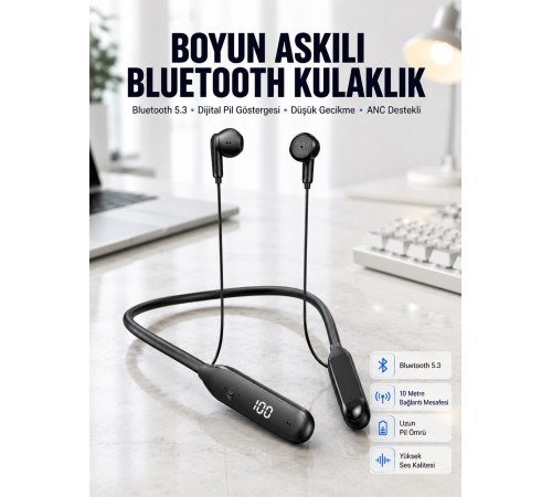 60 Saat Kablolu Boyun Askılı Dijital Göstergeli Bluetooth Kulaklığı Yeni Nesil