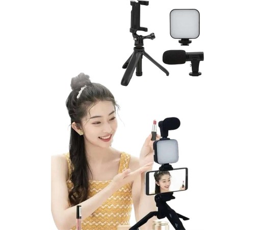 Tripod Telefon Tutucu Kumandalı Mikrofon Led Işık Vlog Video Kayıt