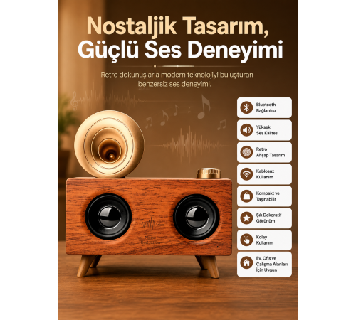 Bluetooth Nostalji Speaker Radyo Gramofon Ahşap Renk Vintage
