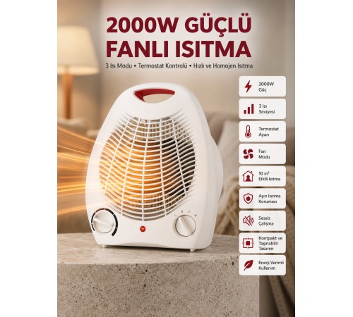 2000W Taşınabilir Elektrikli Fanlı Isıtıcı – Hızlı Isınma, Kompakt Boy