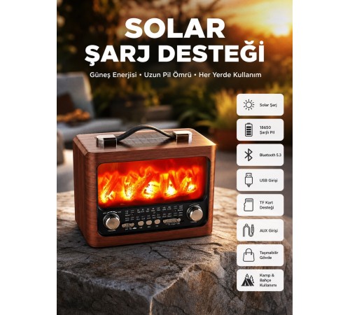 Taşınabilir Şömine Görünümlü Bluetooth Hoparlör – Solar Şarjlı, Alev Işıklı, 7W Ses
