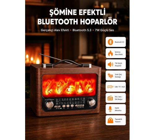 Solar Şarjlı Şömine Işıklı Bluetooth Hoparlör – Radyo, USB, TF Kart Destekli