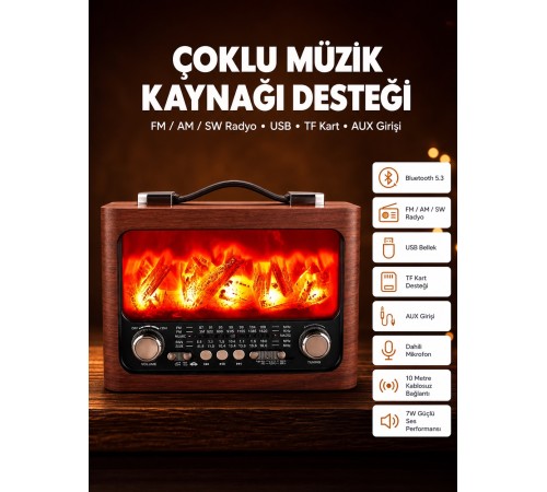 Solar Panelli Alev Işıklı Bluetooth Hoparlör – Çoklu Giriş, Uzun Pil Ömrü