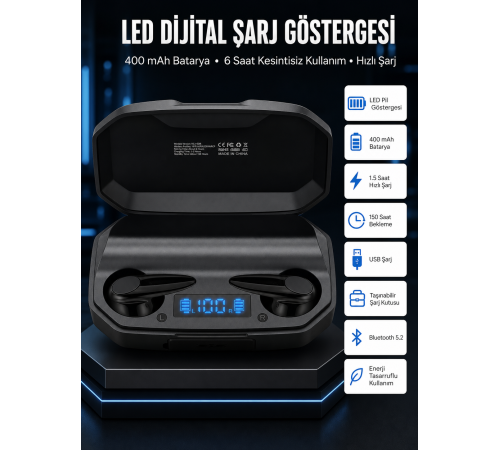 Rgb Işıklı Çift Mikrofonlu Siyah Profesyonel Kulaklığı Kablosuz Kulakiçi