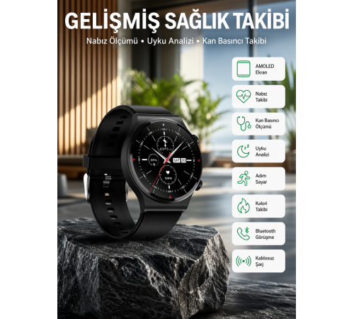 Amoled Ekran Metal Deri Silikon Kordonlu Uyku ve Sağlık Takibi