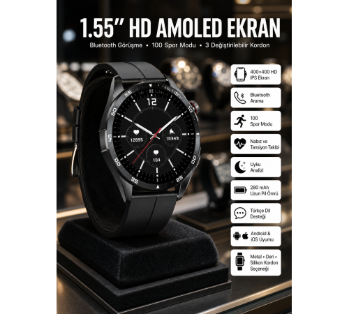Amoled Ekran 3 Kordonlu Akıllı Saat 5.0 Bluetooth Bağlantılı Android ve İOS Uyumlu