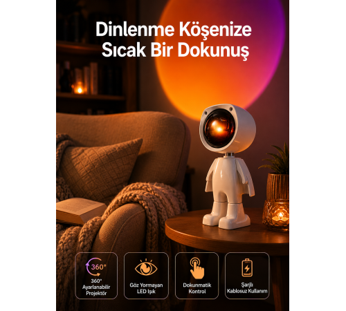180 Derece Dönebilen Astronot Masa ve Gece Lambası Projektör